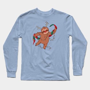 Merry Slothmas // Cute Cartoon Sloth in Christmas Lights Long Sleeve T-Shirt